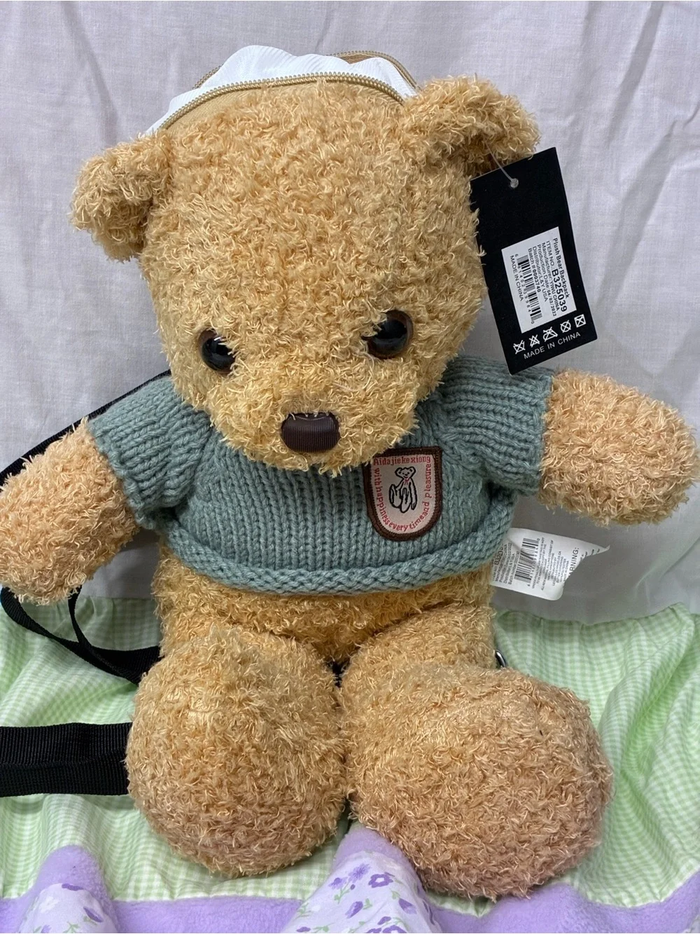 Plush Teddy Kids Backpack with Green Sweater
